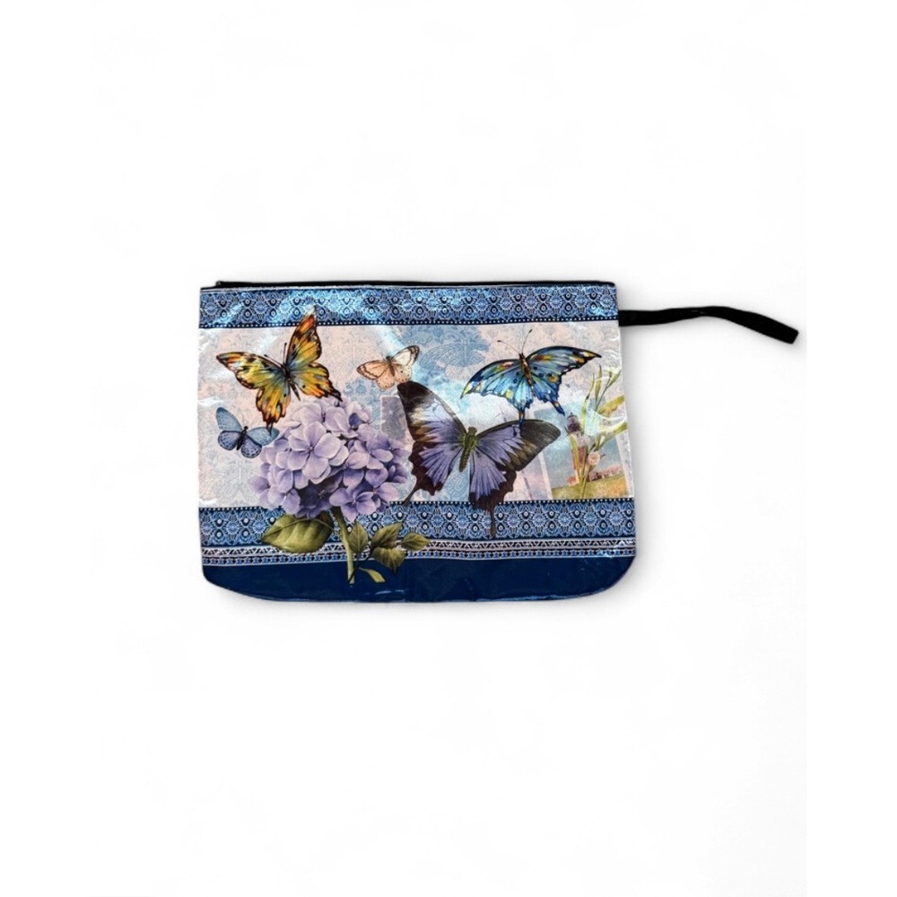 Blue Butterfly Floral Print Cosmetic Bag Zipper Pouch Travel Makeup Case Large